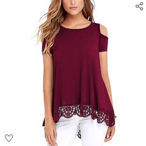 NEW O-Neck A-Line Lace Trim Cold Shoulder Top